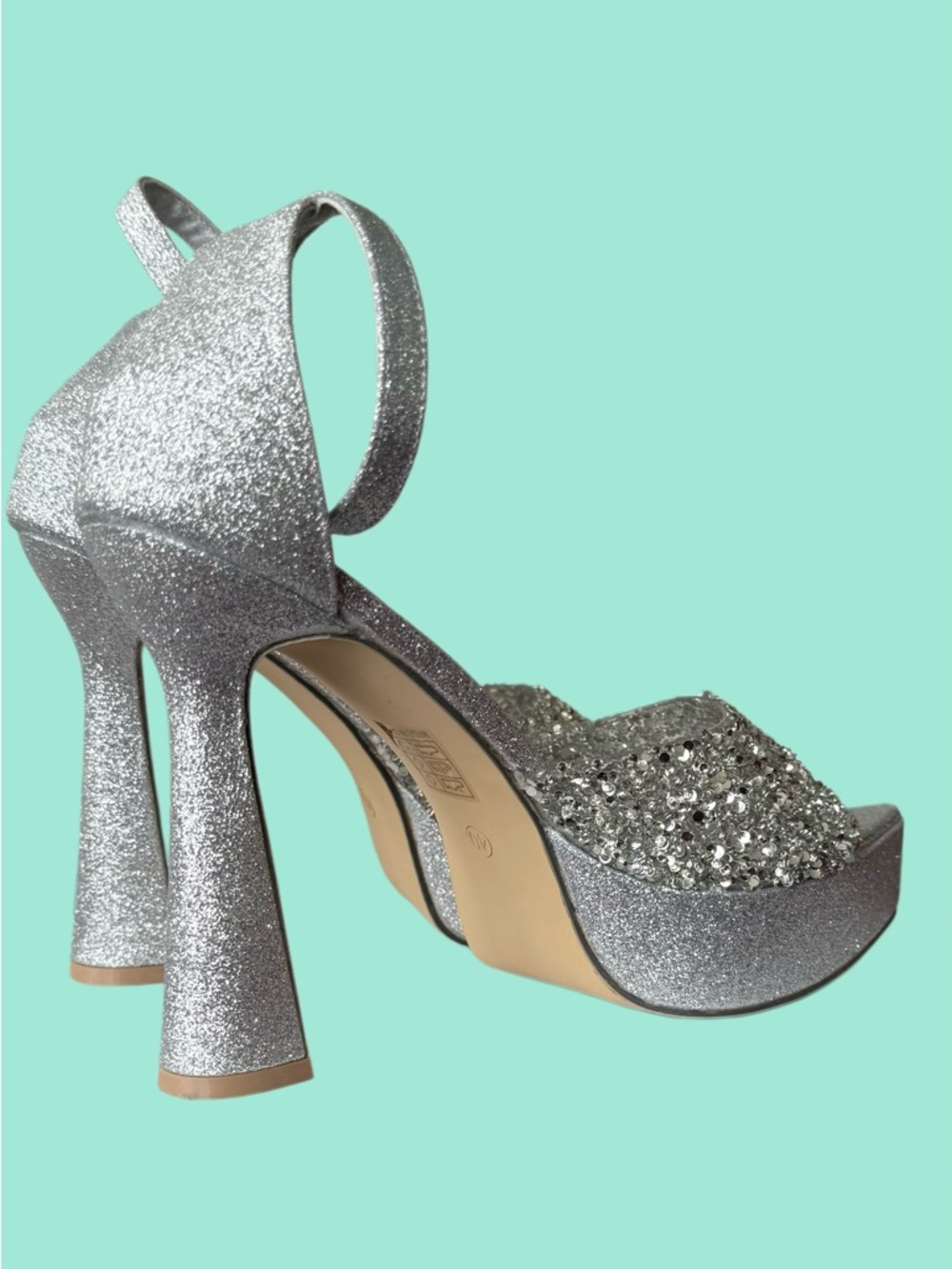 Silver Glitter Crystal Platform High Heels with Ankle Strap